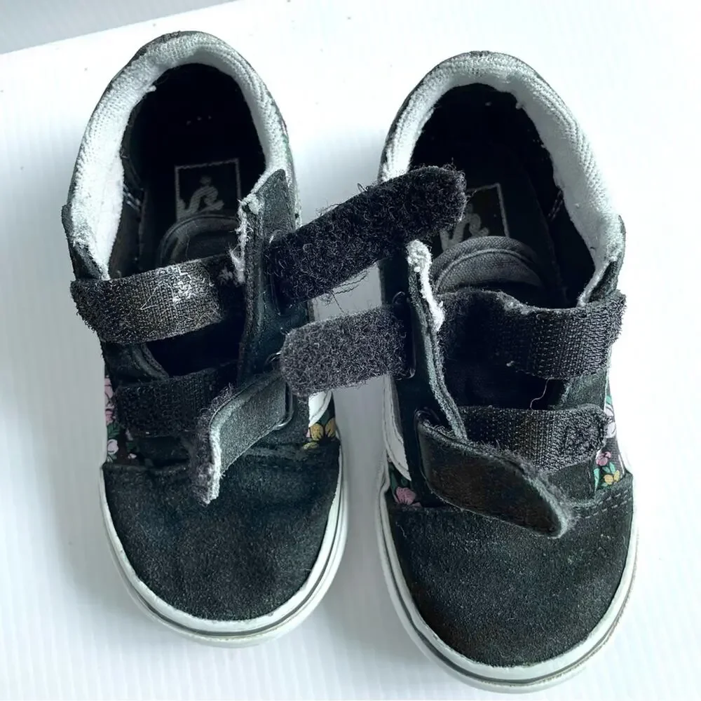 VANS Old Skool Floral Sneakers Toddler Size 1 Black Velcro Retro Skater Suede - Picture 6 of 9